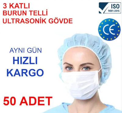 3 Katlı Cerrahi Maske Ağız Yüz Ultrasonik Burun Telli Maske 50 Adet