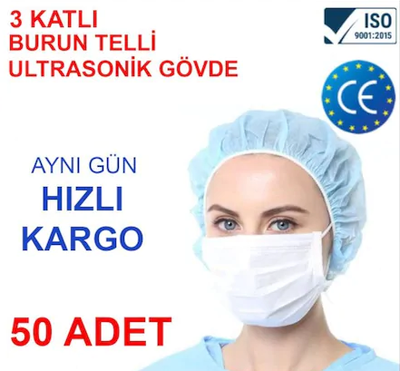 3 Katlı Cerrahi Maske Ağız Yüz Ultrasonik Burun Telli Maske 50 Adet - 2