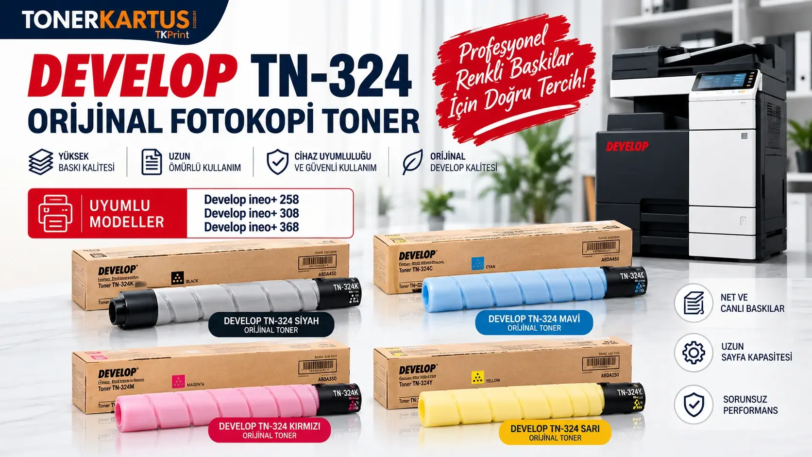 Develop TN-324 Orijinal Fotokopi Toner: Siyah, Mavi, Sarı ve Kırmızı Renk Seçenekleri