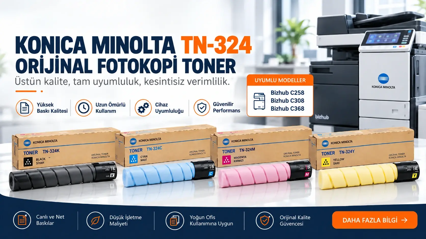 Konica Minolta TN-324 Orijinal Fotokopi Toner – Siyah, Mavi, Sarı ve Kırmızı