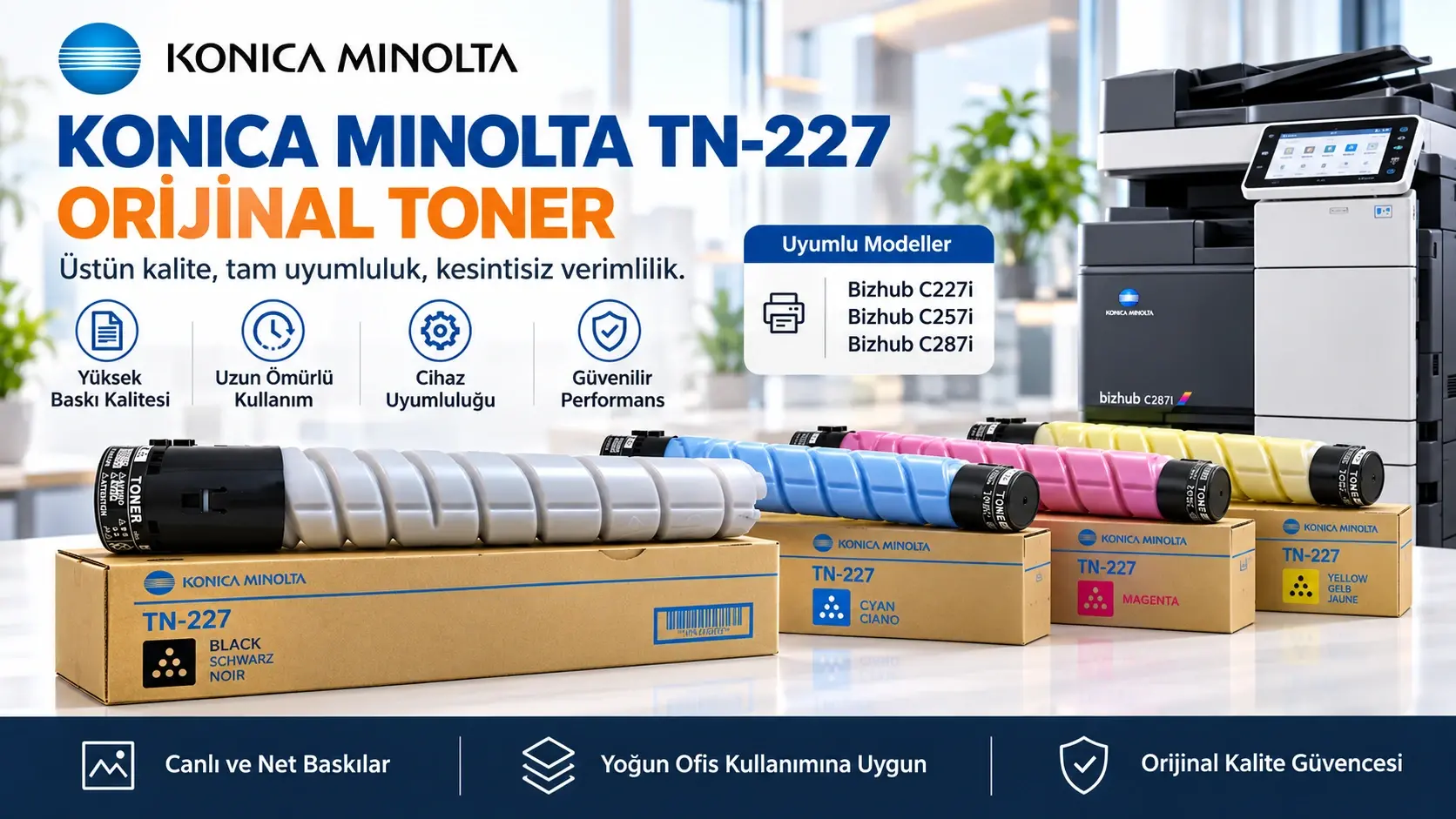 Konica Minolta TN-227 Orijinal Toner: Siyah, Mavi, Kırmızı ve Sarı Renk Seçenekleri