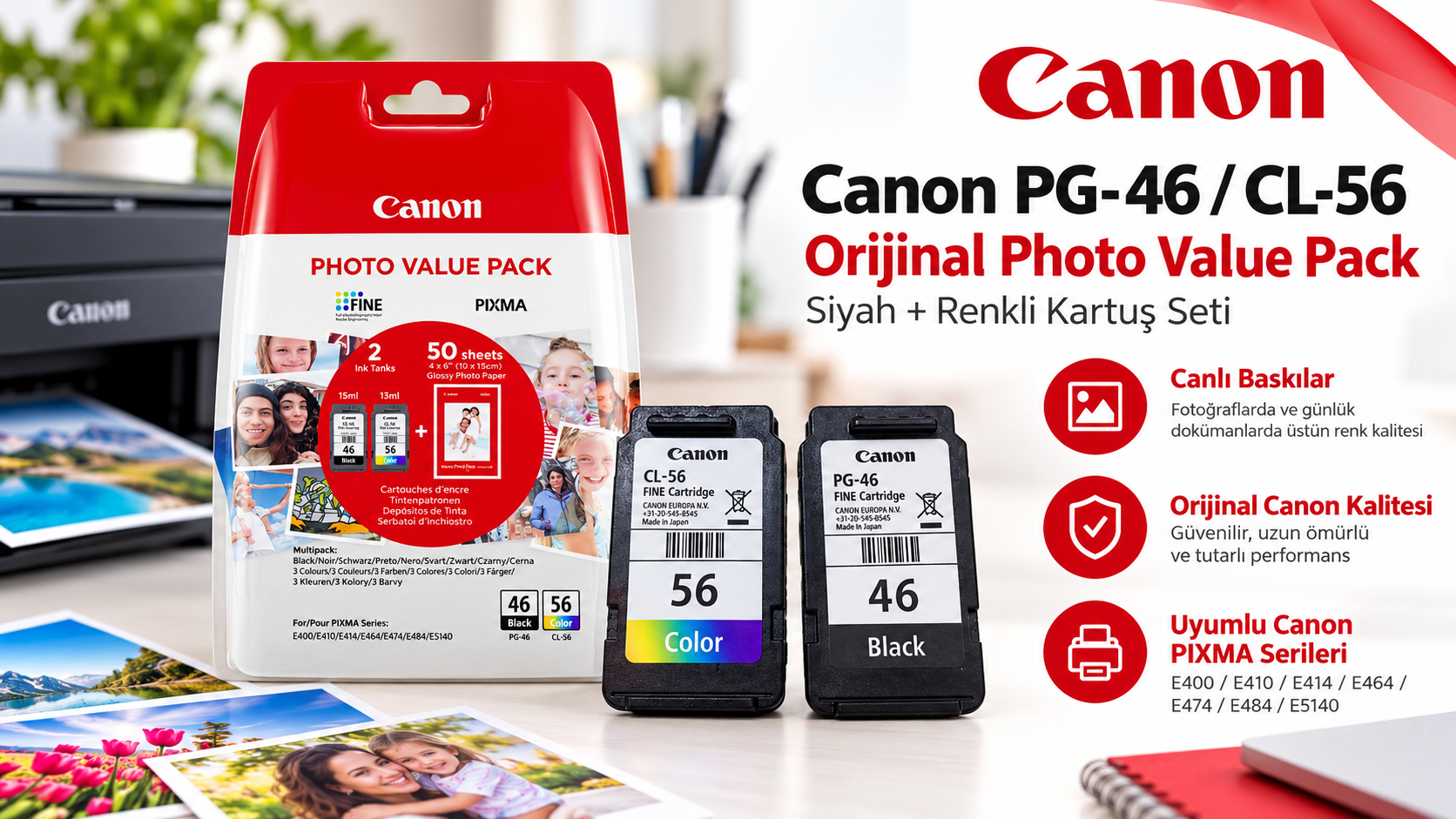 Canon PG-46/CL-56 Orijinal Photo Value Pack: Siyah ve Renkli Kartuş Seti